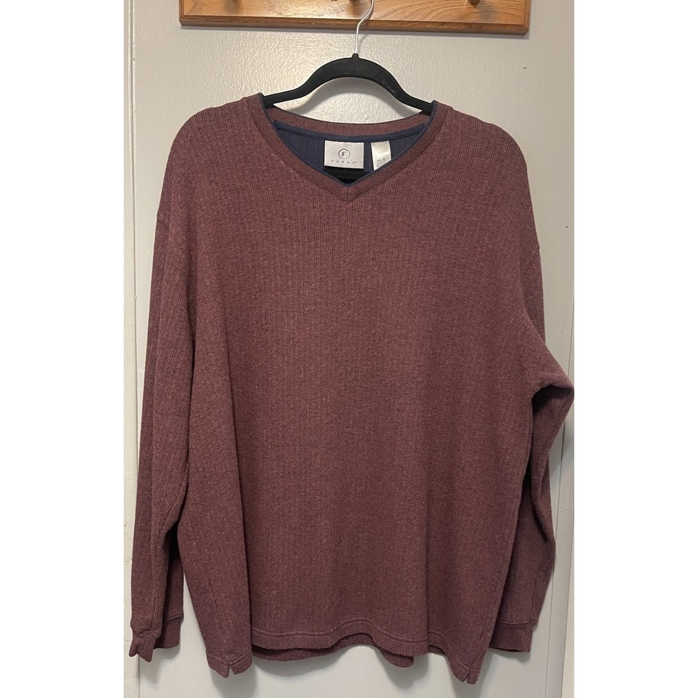 Men's Maroon Long Sleeve Sweater By Farrah Size Xl Cotton Blend Navy Trim